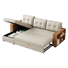 Bellemave® 84" Upholstered Pull Out Sectional Sofa with Storage Chaise and Wooden handrail