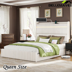 Bellemave® Queen Size Upholstered Platform Bed with Storage Upholstered Headboard and 4 Drawers,LED Lights & Charging Station