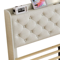 Bellemave® Queen Size Cotton and Linen Fabric Platform Bed with Mesh Backboard and LED Lights