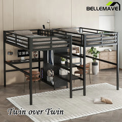Bellemave® Twin Over Twin Metal Loft Bed with Double Desk, Wardrobe and Shelves with Electrical Outlet