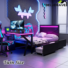 Bellemave® Metal Gaming Platform Bed with LED Headboard, LED Desk, USB and Two Storage Drawers