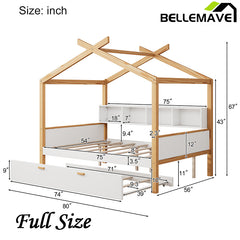 Bellemave® Wooden House Bed with Original Wood Color Frame with Trundle Bed and Bookshelf Storage Space