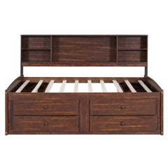 Bellemave Full Size Wooden Captain Bed with Built-in Storage Shelves, 4 Drawers and 2 Cabinets, Antique Brown Bellemave