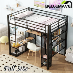 Bellemave® Full Size Metal Loft Bed with Storage Iron Mesh and MDF Shelves and Open Wardrobe