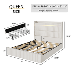 Bellemave® Queen Size Upholstered Platform Bed with Storage Upholstered Headboard and 4 Drawers,LED Lights & Charging Station