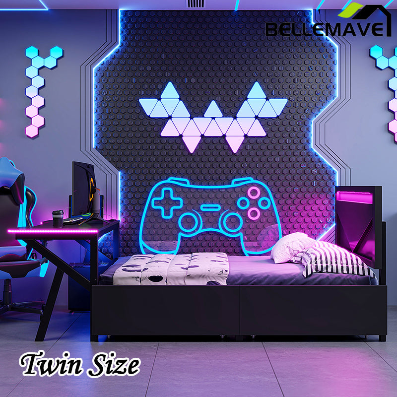 Bellemave® Metal Gaming Platform Bed with LED Headboard, LED Desk, USB and Two Storage Drawers