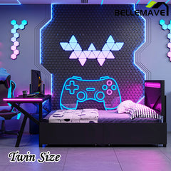 Bellemave® Metal Gaming Platform Bed with LED Headboard, LED Desk, USB and Two Storage Drawers