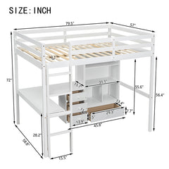 Bellemave® Full Size Loft Wood Bed with Desk, Storage shelves and Drawers, Built-in Ladder and Guardrails