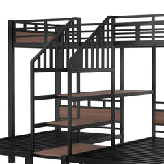 Bellemave® Metal Triple Bunk Bed with Shelf, Storage Stairs & Safety Guardrails, Black Bellemave