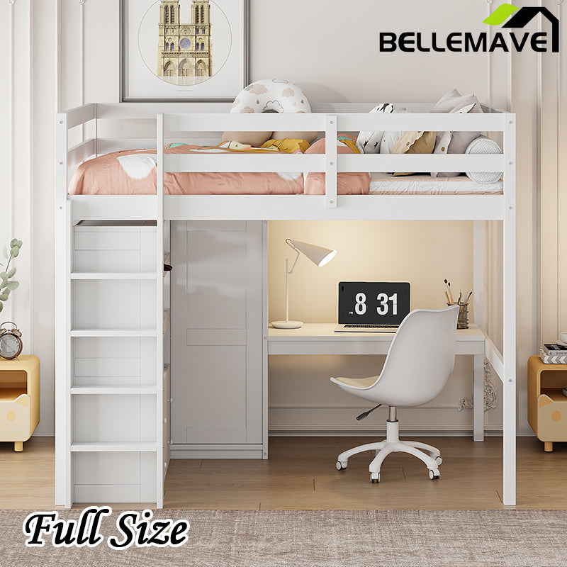 Bellemave® Full Size Loft Bed with Built-in Wardrobe and Desk, Storage Shelves and Drawers