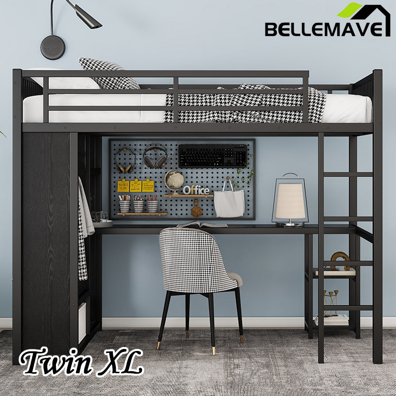 Bellemave® Metal Loft Bed with Built-in Wardrobe, Desk and Storage Shelves