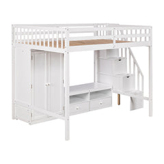 Bellemave® Full Size Loft Bed with Wardrobe,Low Storage Table and Storage Staircase