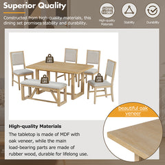 Bellemave® 6-Piece Retro Dining Set, 1 Rectangular Table with Designed Trestle Base and 4 Upholstered Chairs and 1 Bench