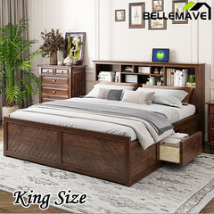 Bellemave® King Size Wood Platform Bed with Multi-storage Headboard, USB and Drawers