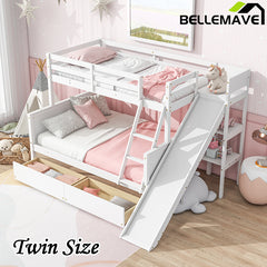 Bellemave® Twin over Full Rubber Wood Bunk Bed with 2 Drawers, Slide, Shelves, Ladder