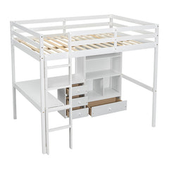 Bellemave® Full Size Loft Wood Bed with Desk, Storage shelves and Drawers, Built-in Ladder and Guardrails