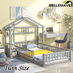 Bellemave® Twin Size House-Style Headboard Floor Bed with Fence