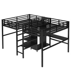 Bellemave® Twin Over Twin Metal Loft Bed with Double Desk, Wardrobe and Shelves with Electrical Outlet