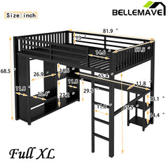 Bellemave® Metal Loft Bed with Built-in Wardrobe, Desk and Storage Shelves