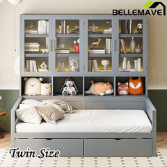 Bellemave® Wooden Daybed with Glass-Door Storage Cabinets, Built-in LED Lighting and Shelves