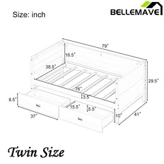 Bellemave® Twin Size Solid Wood Daybed with Two Drawers