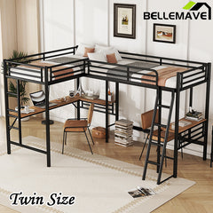 Bellemave® Double Twin Size Metal Loft Bed with Two Built-in Desks