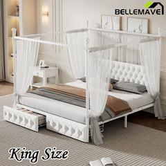 Bellemave® Metal Canopy Platform Bed with Upholstered Headboard and Two Storage Drawers