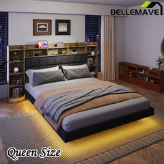 Bellemave® Queen Size  Upholstered Platform Bed with LED Light, Bookcase Storage Headboard and Charging Station