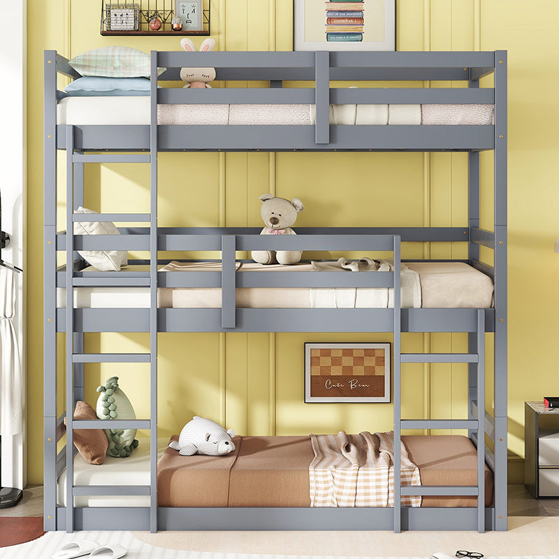 Bellemave® Twin over Twin over Twin Rubber Wood Triple Bunk Bed with Ladders and Guardrails(Detachable)