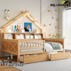 Bellemave® Full Size House Bed with LED Light and Storage Shelves, Drawers and Guardrail