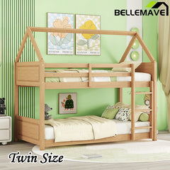 Bellemave® Twin Size Rubber Wood House Floor Bunk Bed with Headboards, Footboards and Guardrails, Ladder