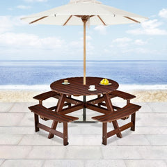 Bellemave® Outdoor 8 Person Round Picnic Table Set with 4 Built-in Benches, Umbrella Hole, Outside Table