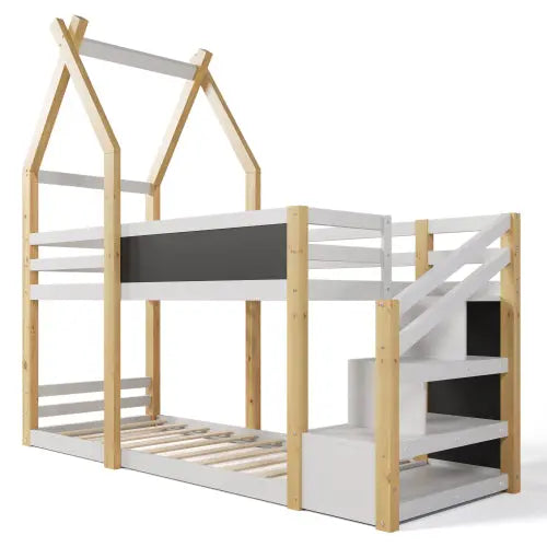 Bellemave® Twin Size Floor House Bunk Bed with Storage Staircase and Blackboard Bellemave®