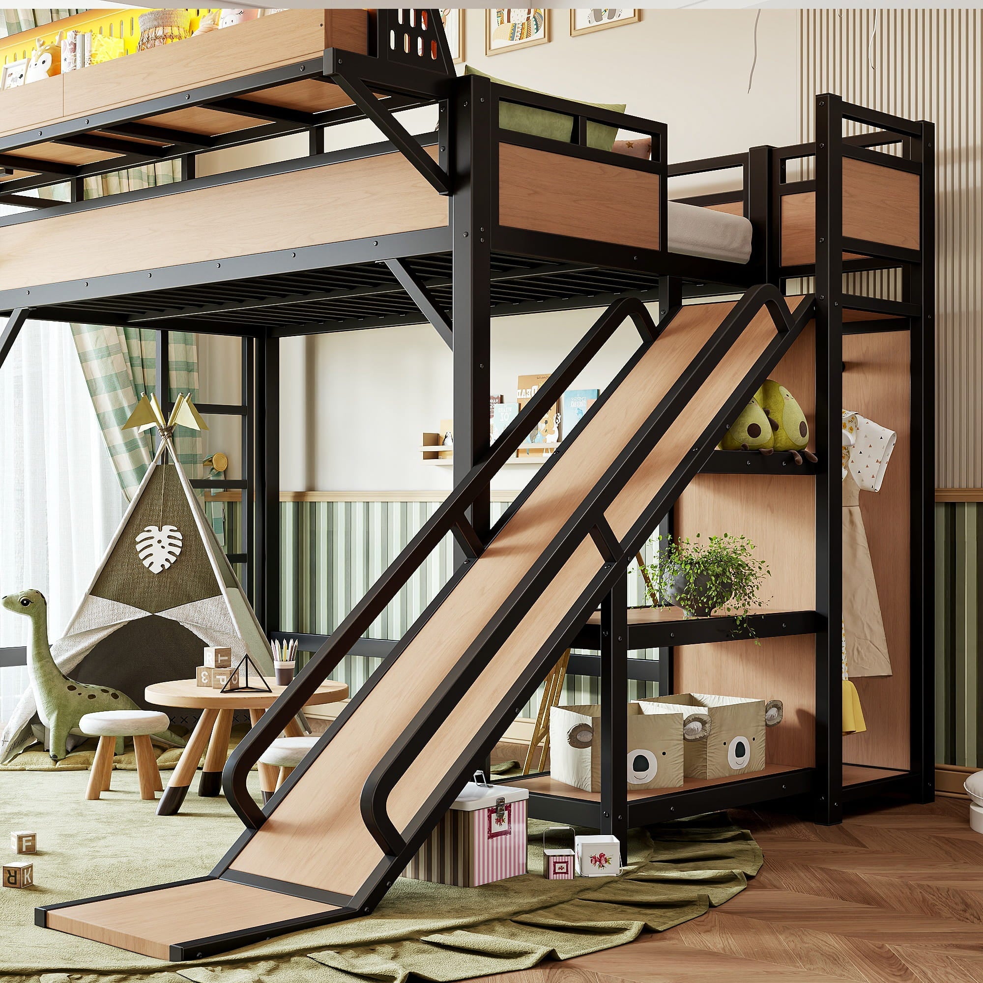 Bellemave® Loft Bed with Ladder, Storage Shelves & Slide,Wardrobe & Pegboard, Metal Loft Bed Frame with USB Ports & LED Lights Bellemave®
