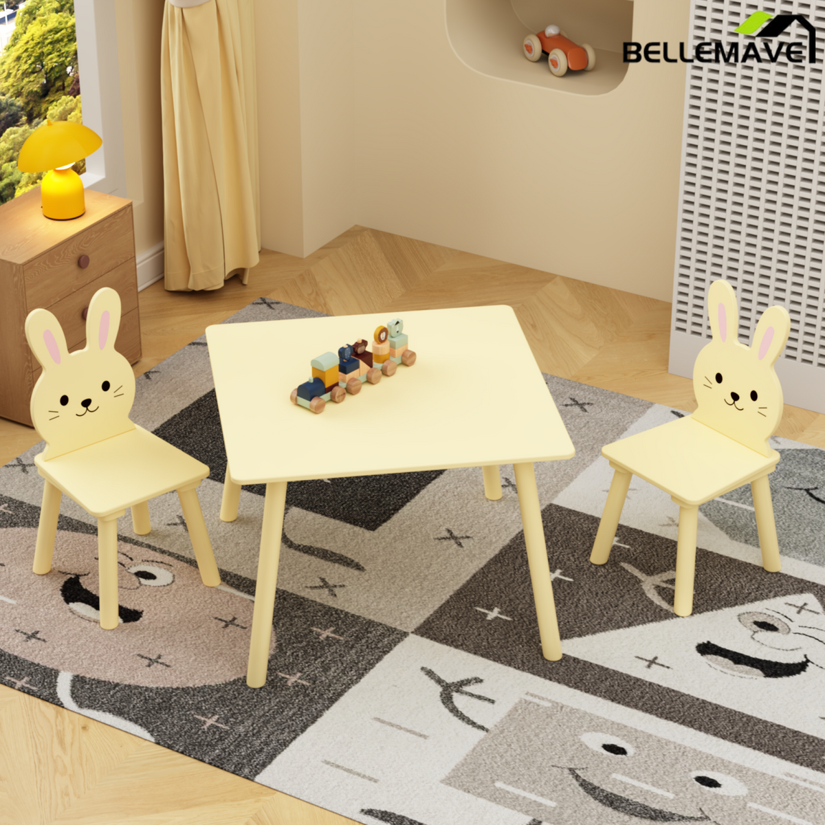 Bellemave® 3 Piece Wood Table & Chair Set for Age 2-6 Boy Girl, Wood Activity Tables Drawing Play Table Set w/ 2 Animals Chairs for Nursery, Kindergarten, Age 2-6 Boy Girl Home Activity Table Chair 3-pcs Set Bellemave®