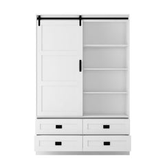 Bellemave® Modern Wardrobe with Hanging Rod and Barn Door ,Drawers  and Open Shelves