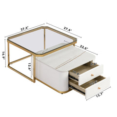 Bellemave® Modern 2 Pieces Square Nesting Coffee Table with Drawers & Electroplated Gold Legs