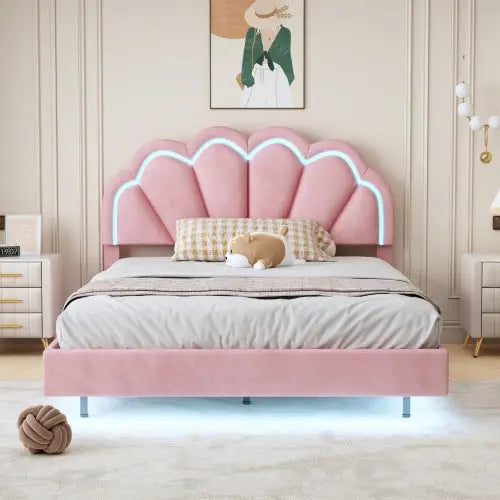 Bellemave® Floating Velvet Upholstered Smart LED Platform Bed with Elegant Flowers Headboard and Wooden Slats Support Bellemave®