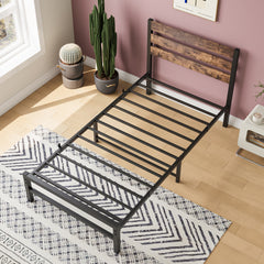 Bellemave® Metal Platform Bed with Rustic Vintage Wood Headboard, Strong Metal Slats Support Mattress Foundation