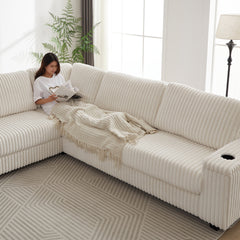 Bellemave® 110" L-Shaped Oversized Corduroy Corner Sofa with Two Storage Spaces,USB Port & T-pyce Port and Cup-Holder