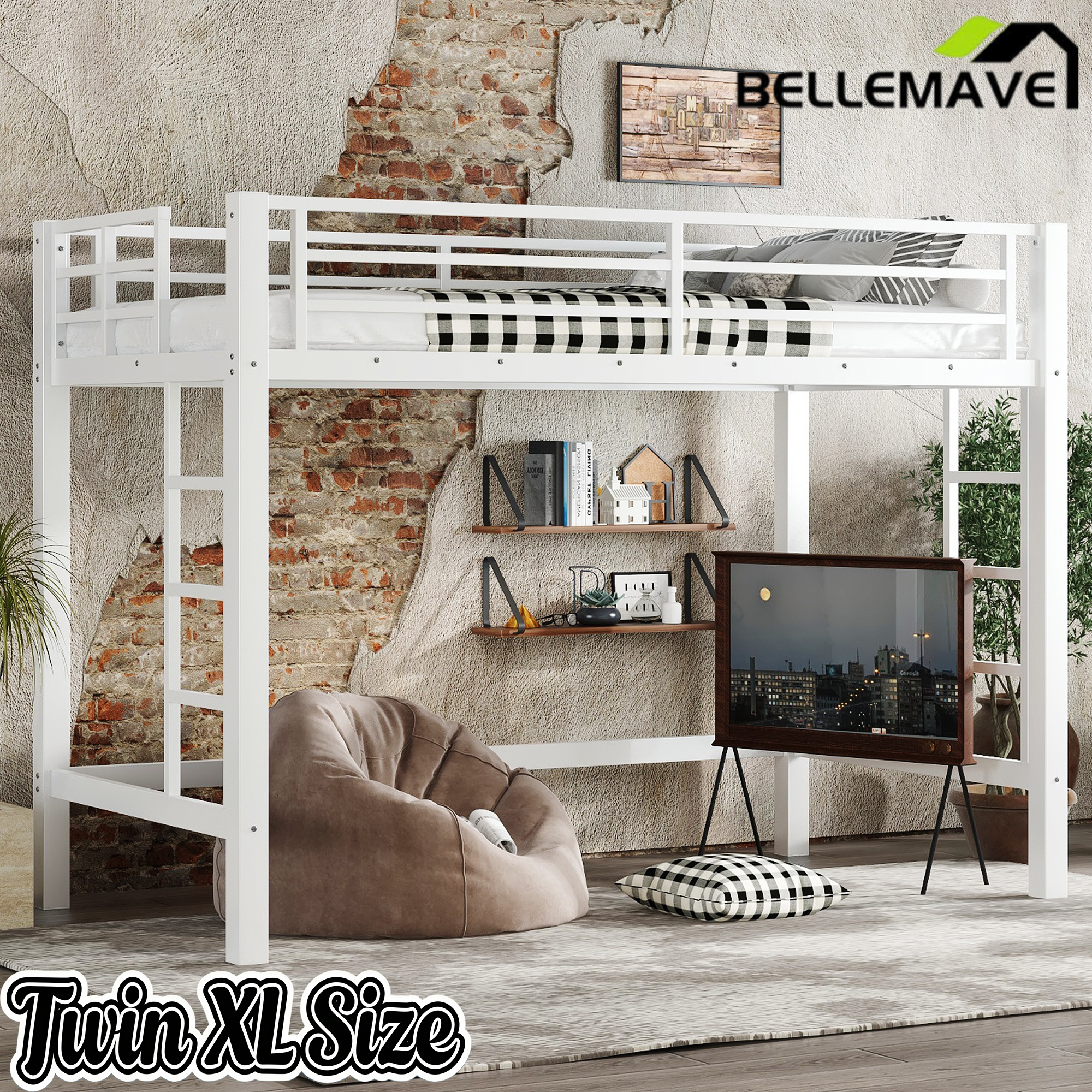 Bellemave® Loft Bed Full Size, Heavy Duty Loft Bed Frame with 2 Build in Ladder and Full Length Guardrail, Easy Assemble, Noise Free Design, No Box Spring Needed, Black Bellemave®
