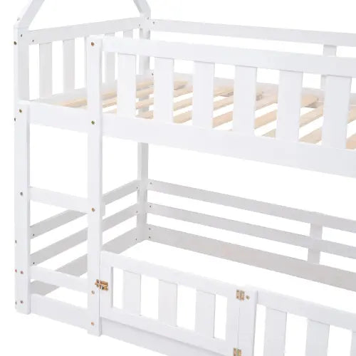 Bellemave Twin Size House Bunk Bed with Fence and Door Bellemave