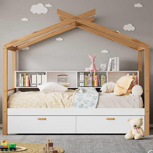 Bellemave® Wooden House Bed Original Wood Color Frame with Two Drawers and Bookshelf Storage Space