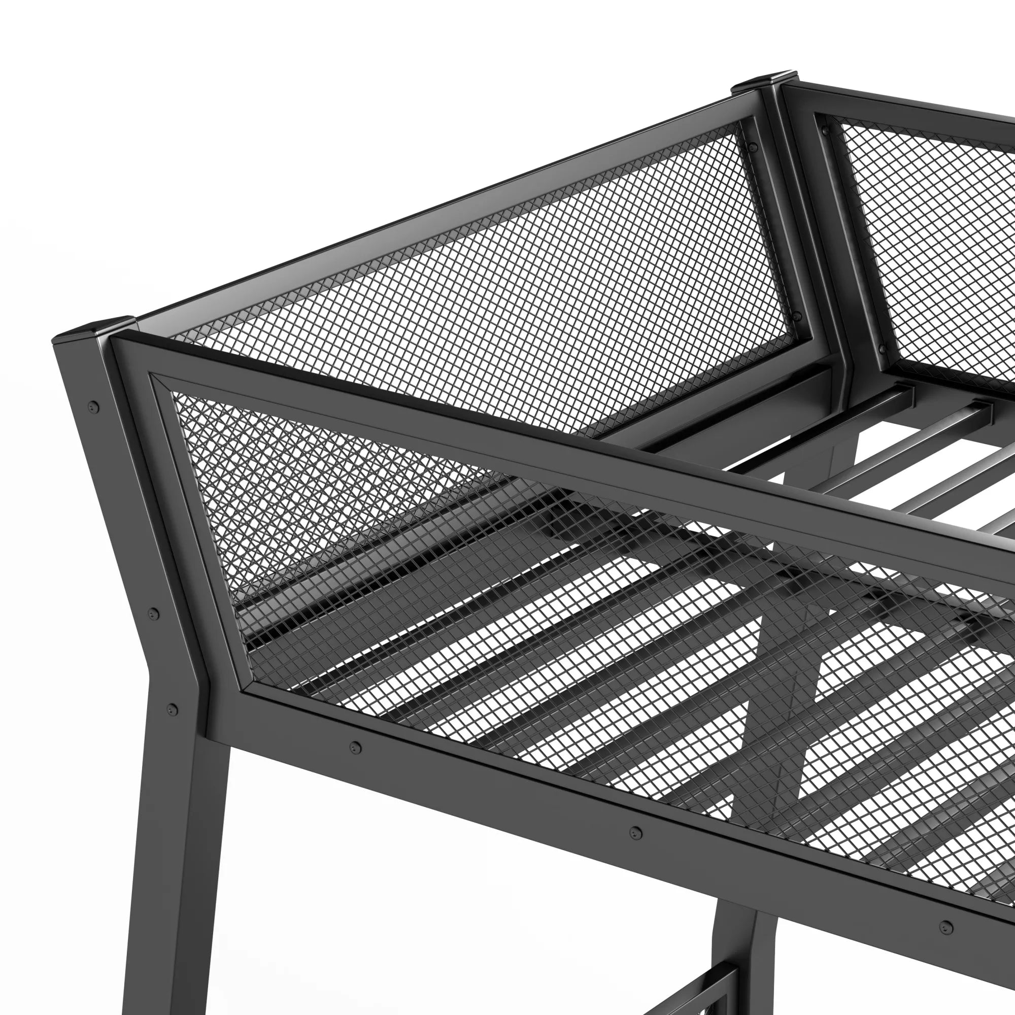 Close-up of the black metal upper guardrail with mesh panels and the supporting frame
