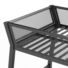Close-up of the black metal upper guardrail with mesh panels and the supporting frame
