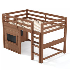 Bellemave® Twin Size Low Loft Bed with Storage Shelves for Kids,Kids Low Loft Bed Frame with Chalkboard and Bookshelf for Boys,Girls,Solid Wood,Gray Bellemave®