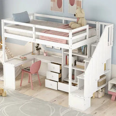 Bellemave® Twin Size Loft Bed with L-Shaped Desk and Drawers, Cabinet and Storage Staircase
