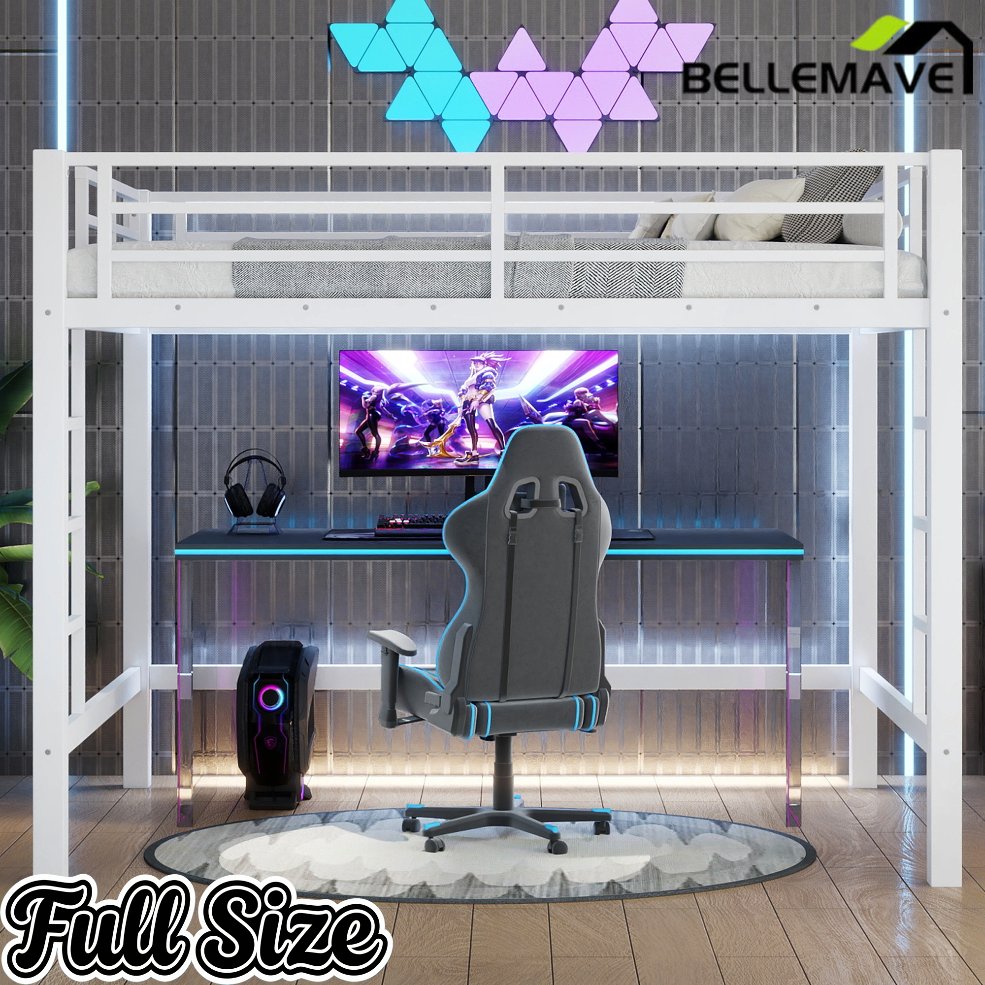 Bellemave® Loft Bed Full Size, Heavy Duty Loft Bed Frame with 2 Build in Ladder and Full Length Guardrail, Easy Assemble, Noise Free Design, No Box Spring Needed, Black Bellemave®