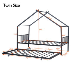 Bellemave® Metal House Bed with Twin Size Trundle Bed