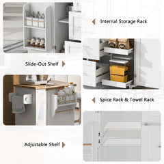 Bellemave® Rolling Kitchen Island with Storage and Rubber Wood Top, 3 Drawer, 2 Slide-Out Shelf and Internal Storage Rack, Spice Rack and Tower Rack